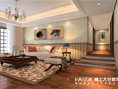 起居室较客厅空间平和，选材上也取舒适、柔性、温馨的
