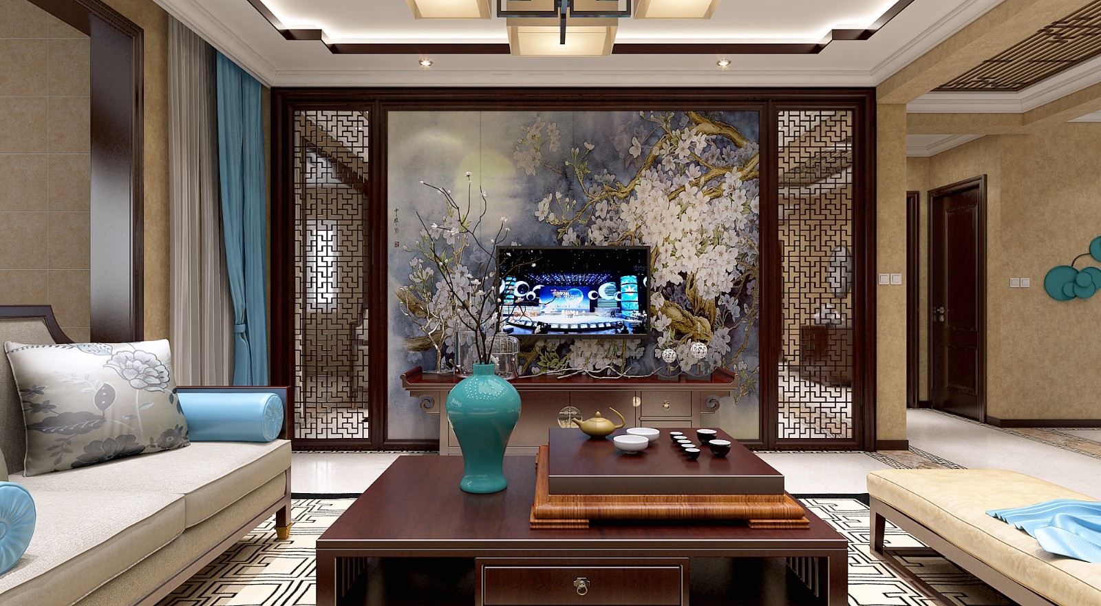 中式客厅电视背景墙效果图